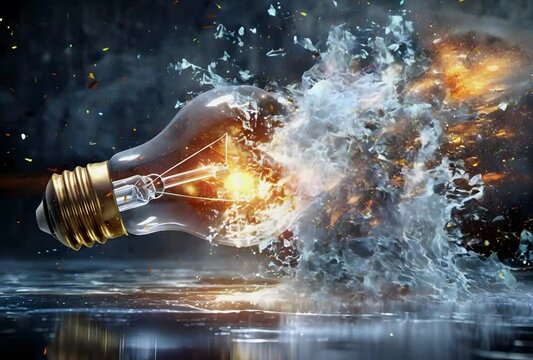 Exploding light bulb on dark background.