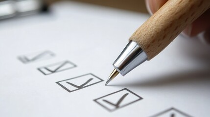 Pen on a checklist, close-up. The pen is being used to check off items on a list.