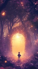 Obraz premium A minimalistic, dreamy scene of a kid with a book standing before an enchanted gate, surrounded by a magical forest in lavender and orange hues.