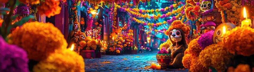 A vibrant celebration scene with colorful flowers, candles, and a playful panda in a festive atmosphere.