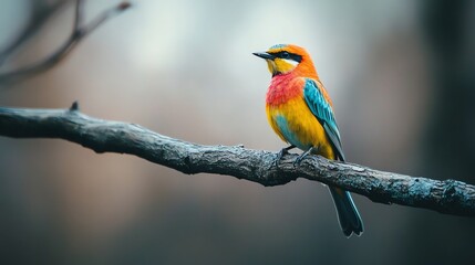 Obraz premium A brightly colored bird perches on a branch.