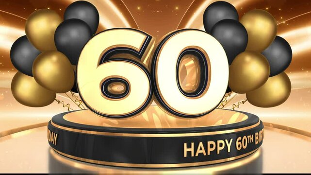 60 years, 60th birthday loop, looped video background, backdrop in 3D Gold with balloons
