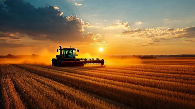 A combine harvester cuts through a field of golden wheat at sunset