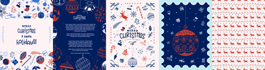 Festive Christmas Card Poster Greeting Cards in blue, red, and cream colors with hand drawn doodle Christmas ornament decorations in Scandinavian style. Merry Christmas and Happy Holiday greetings.