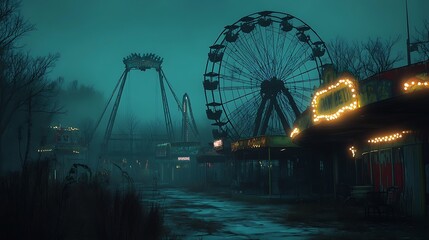 A creepy cartoon-style haunted carnival at night, with broken rides like a derelict Ferris wheel and an abandoned carousel. Eerie lights flicker along the pathways,