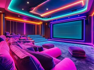 Fototapeta premium Vibrant Neon Lights in a Home Theater Room