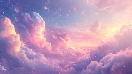 Soft pastel clouds adorned with twinkling sparkles create a magical, dreamy landscape. The serene atmosphere invites relaxation
