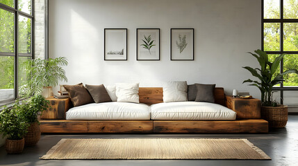 Cozy living room with a wooden sofa and indoor plants.