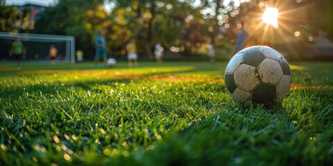 Children playing football on the lawn in the yard