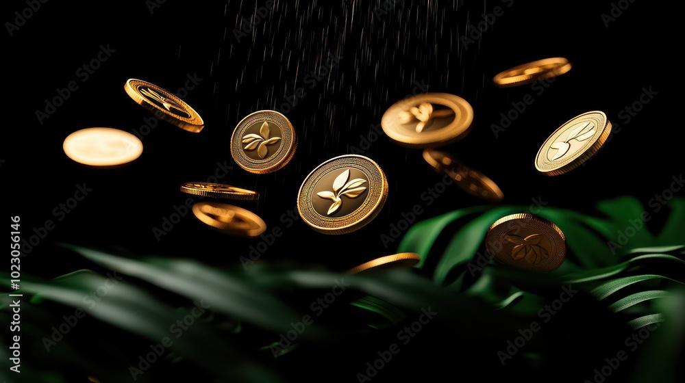 Poster shimmering golden coins cascading against a dark background