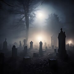 Fog-Cloaked Cemetery, foggy cemetery, ghostly figures, tombstones, haunted graveyard, eerie light, dark shadows, supernatural mist, scary digital art, horror landscape, spooky atmosphere