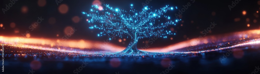 Poster illuminated digital tree against a futuristic background