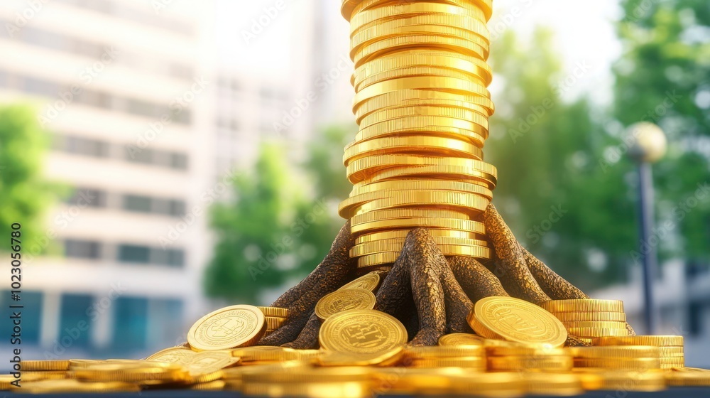 Poster A stack of golden coins growing like a tree symbolizes wealth and prosperity
