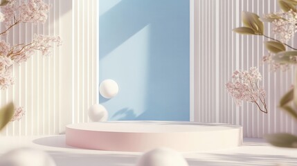 Sophisticated 3D render of a minimal scene with a podium and pastel blue and white abstract backdrop. Trendy geometric shapes make it perfect for social media and cosmetic promotions