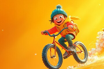 Fototapeta premium Happy Cartoon Character Riding Bicycle in Bright Colors