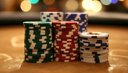 Mastering bluffing in poker with stacked chips on a casino table at night
