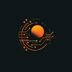 An orange and yellow glowing circle with digital circuit lines and dots on a black background. This image represents concepts of digital data, futuristic technology, and communication networks.
