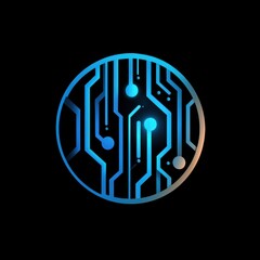 A glowing blue and cyan circular circuit board on a black background. The image represents concepts of technology, connectivity, digital data, and science.