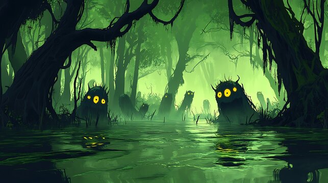 A creepy swamp scene, cartoon style, with crooked trees and a dense green fog that shrouds the ground. Shadowy creatures with glowing eyes move within the fog,