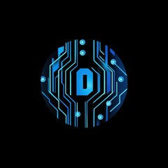 A vibrant blue abstract circuit pattern is encased in a geometric circular shape. It symbolizes scientific research, development, and groundbreaking discoveries in fields like biotechnology or robotic