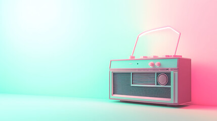 A vintage radio with a neon light on a gradient background.