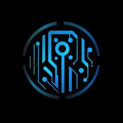A glowing, stylized circuit board is contained within a circular frame on a black background. The image represents the concepts of digital technology, advanced computing, and data processing.