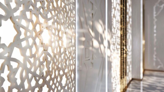 Luxurious Islamic Geometric Wall Design with Metallic Accents and White Background, Elegant and Intricate Patterns for Sophisticated Interiors