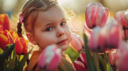 Little Girl Enjoying Springtime Among Colorful Tulips