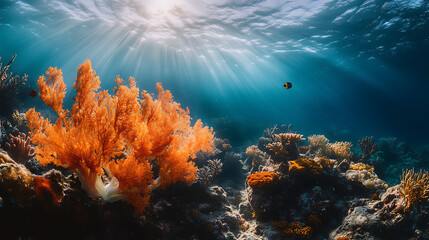 Underwater scene with vibrant coral reef, sunbeams, and a small fish.