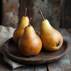 Three ripe, rustic pears on a wooden plate and a wooden surface. This image represents concepts of fresh, natural food, autumn harvest, and simple, healthy eating.