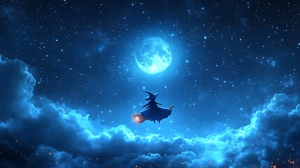 Naklejka premium A cute cartoon-style witch flying on a broomstick, with a bright full moon in the background and sparkling stars scattered across the night sky. The witch’s hat is tilted,