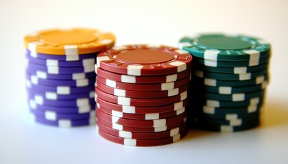 Colorful poker chips stacked high in preparation for an exciting round of high-stakes gambling