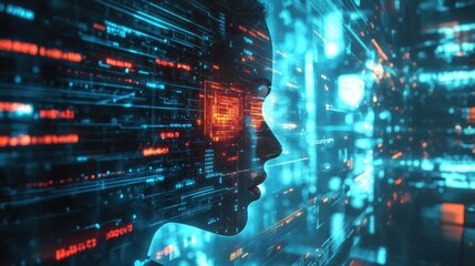A woman's profile with a digital, glitched-out effect showing luminous circuit patterns. It represents concepts of AI, technology, and the future of humanity.