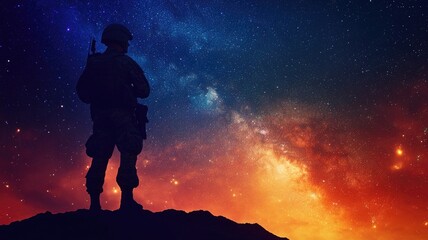 Silhouette of soldier standing on hill with starry sky background at dusk
