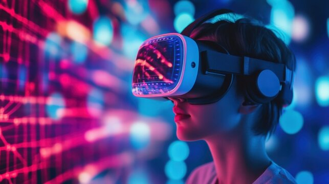 A person wearing a virtual reality headset, illuminated by neon lights and a digital interface. The image represents the concepts of futuristic technology, virtual reality, and gaming.