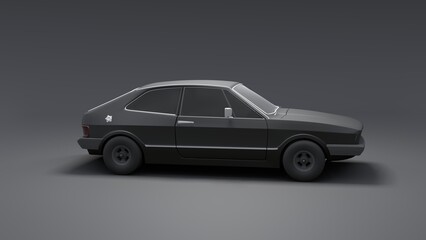 Cool looking old fashion car, side view studio render on black background. Modern car design. 3d illustration.