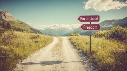 Mountain path with signs reading "Parenthood" and "Freedom" in beautiful, open landscape