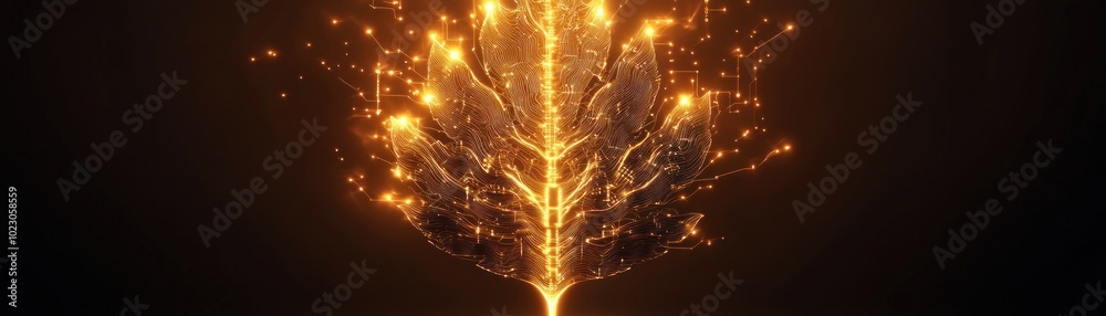 Poster illuminated digital leaf concept combining nature and technology