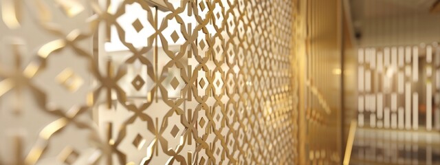 Luxurious wall design showcasing intricate Islamic geometric patterns, enriched with metallic accents and a pristine white backdrop