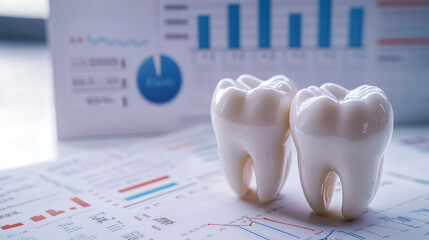 Two model teeth displayed on market research and statistical documents symbolize dental health and industry analysis