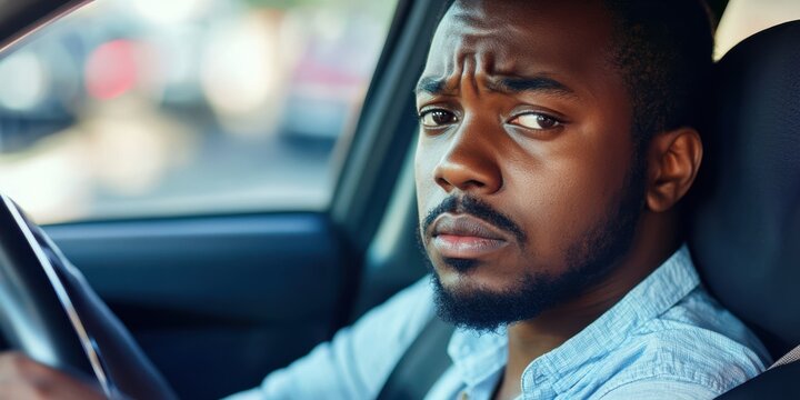 A close-up of an african driver sitting in their car with a frustrated expression