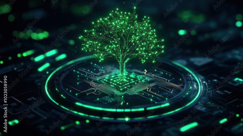 Poster a digital tree growing from a circuit board in a high-tech environment