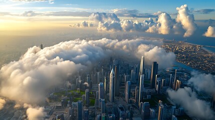 Fototapeta premium Aerial View of Modern Cityscape with Clouds at Sunset