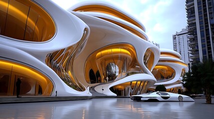 Futuristic Architecture with Curved Lines  White and Gold Building  Modern Design