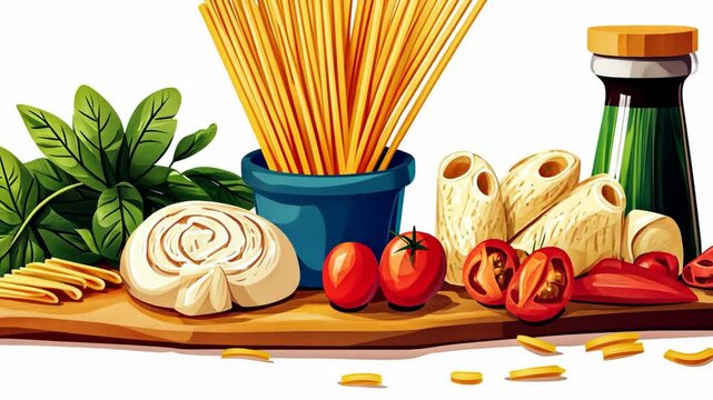 A wooden cutting board displays various Italian pasta types, tomatoes, basil, and a bottle of olive oil