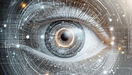 A close-up view of a digitally enhanced eye showcasing intricate circuits and vibrant patterns reflecting technology and vision
