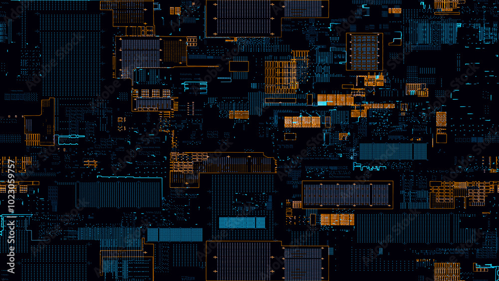 Poster printed circuit board. visualization of printed circuit board processor chip, digitalization of neur