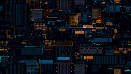 Printed circuit board. Visualization of printed circuit board processor chip, digitalization of neural networks and cloud computing. Digital pulses transmit data. Electronic circuit board operation