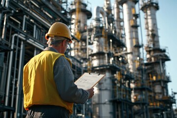 Worker with Clipboard at a Tall Refinery Site