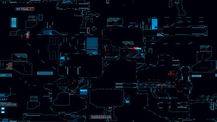 Printed circuit board. Visualization of printed circuit board processor chip, digitalization of neural networks and cloud computing. Digital pulses transmit data. Electronic circuit board operation